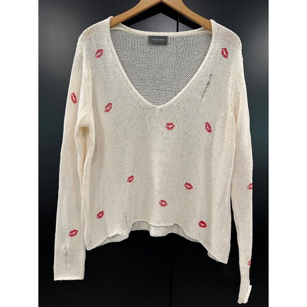 Wooden Ships Paola Buendia Lips Distressed Knit V-Neck Sweater S/M
